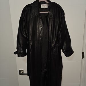 Vintage Black Leather Longline Trench Coat - Women